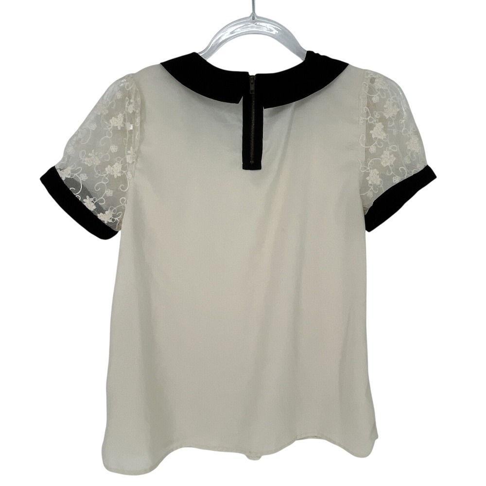 Women Ivory Black Lace Blouse Peter Pan Collar Sheer Floral Top M Romantic Twee - Picture 4 of 8